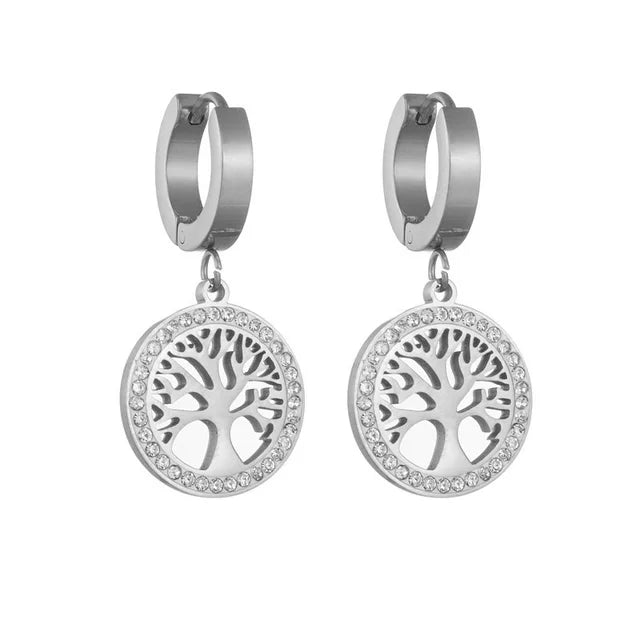 Silver plated Stainless Steel Women's Wedding Jewelry Set with Inlaid Tree of Life Necklace