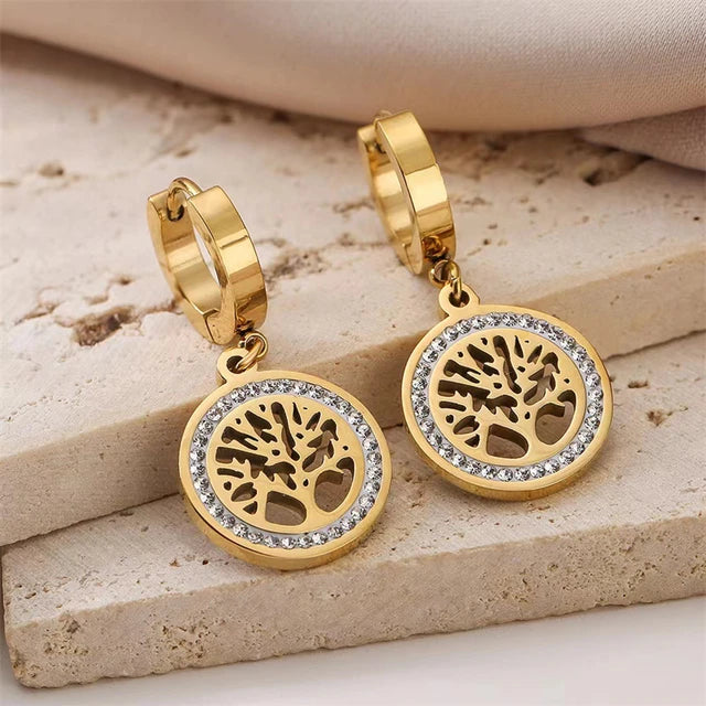 Gold Plated 304 Stainless Steel Women's Wedding Jewelry Set with Inlaid Tree of Life Necklace