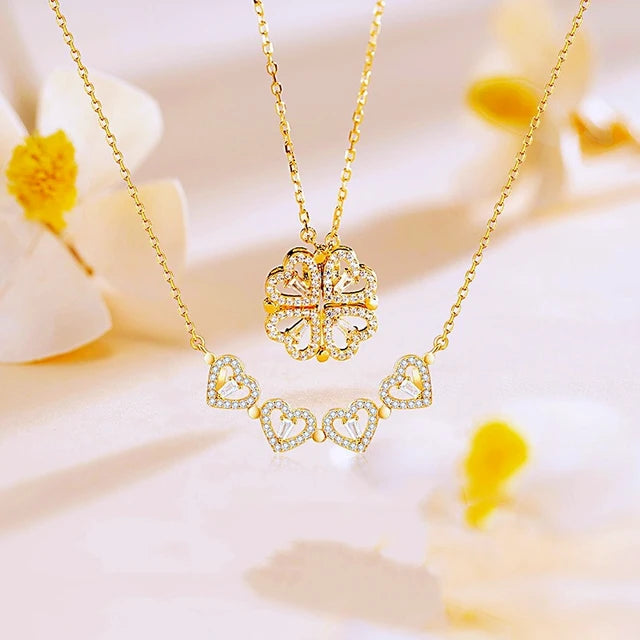 Gold plated Stainless Steel Magnetic Love Pendant Necklace – Heart & Clover