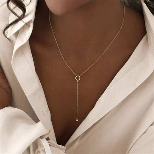 Gold plated Double Circle Zircon Pendant Necklace – Long O-Chain Choker