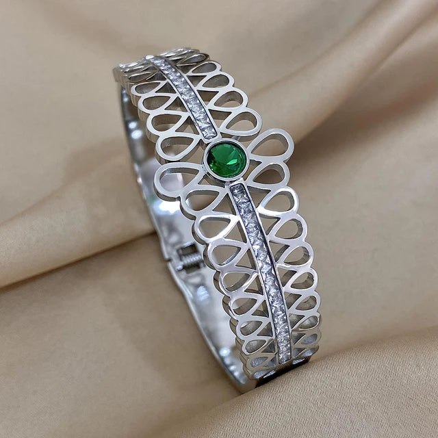 Green Silver plated Bracelet Wide Bangle with Rhinestones