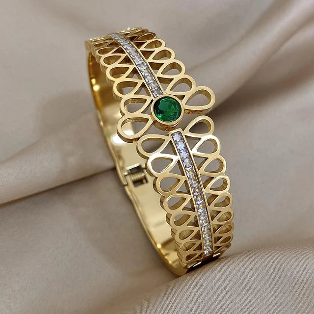 Green Gold Silver plated  Bracelet Wide Bangle with Rhinestones