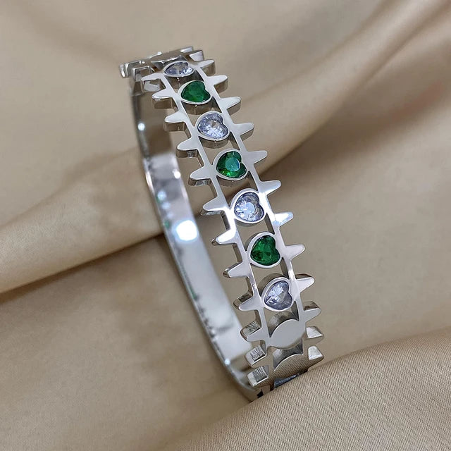 green Silver plated bracelet Wide Bangle with Rhinestones