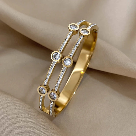 Gold & Silver Wide Bangle with Rhinestones