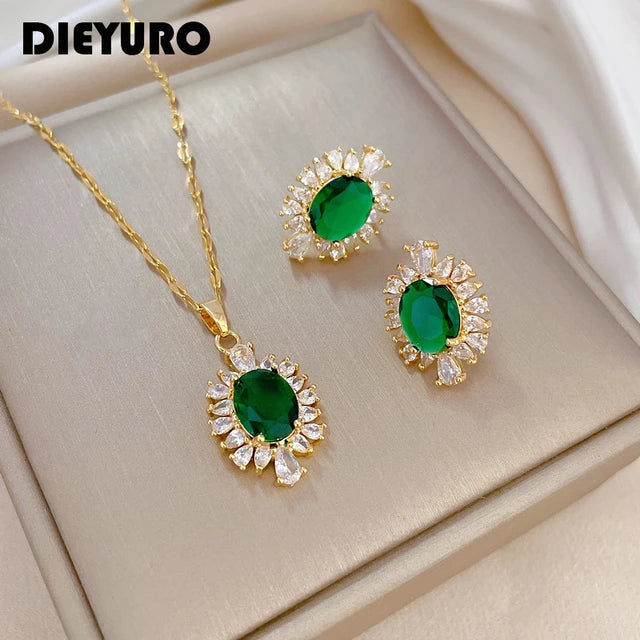 DIEYURO 316L Stainless Steel Green Crystal Flower Jewelry Set – Necklace & Earrings for Women