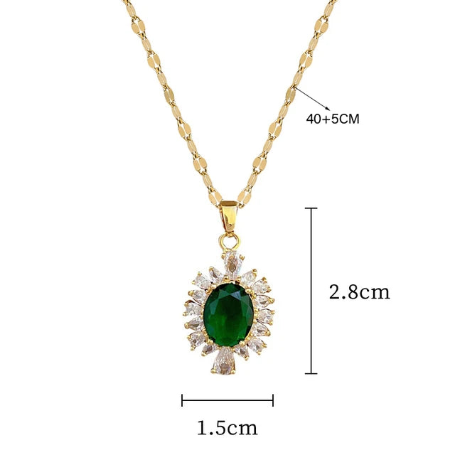 DIEYURO 316L Stainless Steel Green Crystal Flower Jewelry Set – Necklace & Earrings for Women