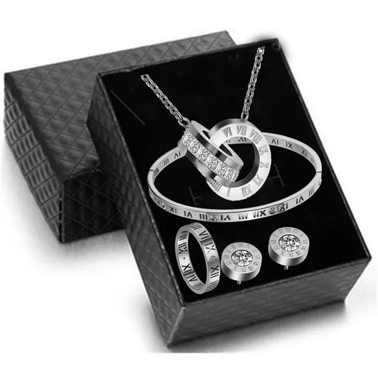 Silver plated Luxury Roman Numeral Jewelry Set for Women – Necklace, Earrings, Bracelet & Ring