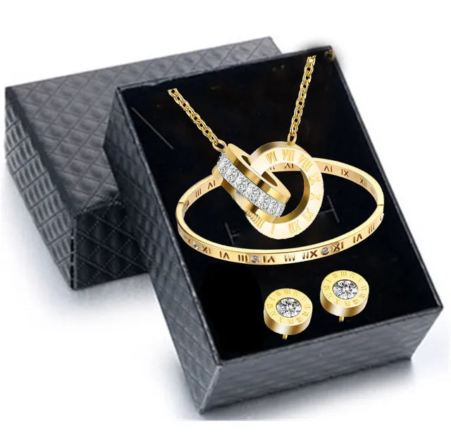 Gold plated Luxury Roman Numeral Jewelry Set for Women – Necklace, Earrings, Bracelet