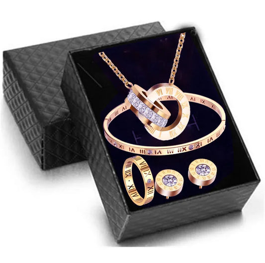 Rose plated Luxury Roman Numeral Jewelry Set for Women – Necklace, Earrings, Bracelet & Ring