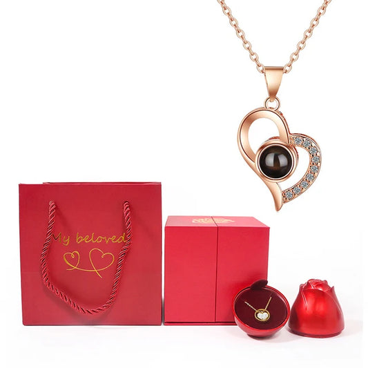 100 Languages "I Love You" Projection Necklace with Rose Gift Box