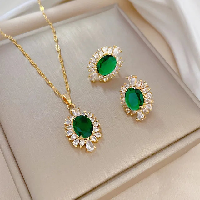 DIEYURO 316L Stainless Steel Green Crystal Flower Jewelry Set – Necklace & Earrings for Women