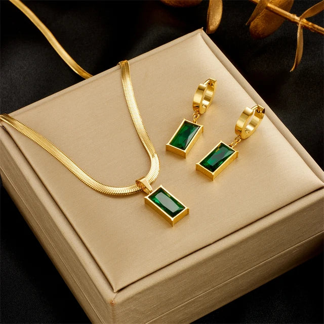 Square Aura Green Crystal Necklace and Earrings Set