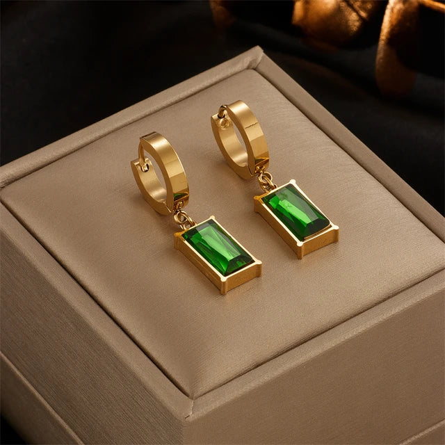 Square Aura Green Crystal Necklace and Earrings Set