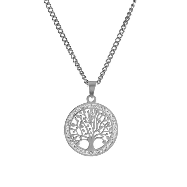 Silver plated Stainless Steel Women's Wedding Jewelry Set with Inlaid Tree of Life Necklace