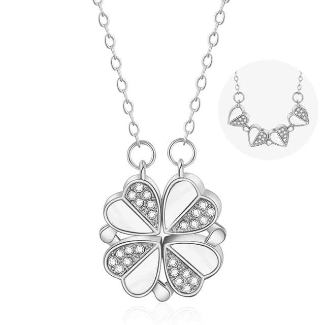 Silver plated 316L Stainless Steel Magnetic Love Pendant Necklace – Heart & Clover for Women