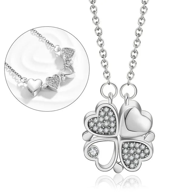 Silver plated 316L Stainless Steel Magnetic Love Pendant Necklace – Heart & Clover for Women