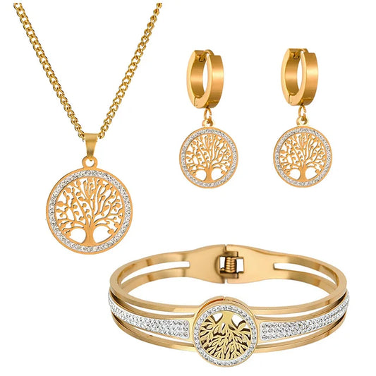 Gold Plated 304 Stainless Steel Women's Wedding Jewelry Set with Inlaid Tree of Life Necklace