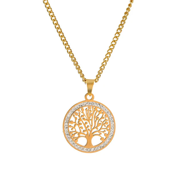 Gold Plated 304 Stainless Steel Women's Wedding Jewelry Set with Inlaid Tree of Life Necklace