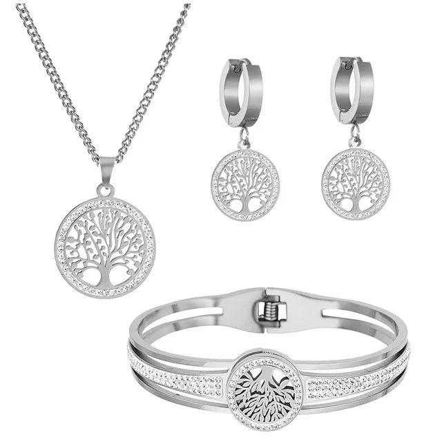 Silver plated Stainless Steel Women's Wedding Jewelry Set with Inlaid Tree of Life Necklace