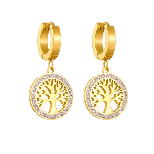 Gold Plated 304 Stainless Steel Women's Wedding Jewelry Set with Inlaid Tree of Life Necklace