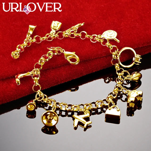 URLOVER 24K Gold Bracelet for Women – Charm Pendants: Aircraft, Cars, Bells, Lollipops, Guitars