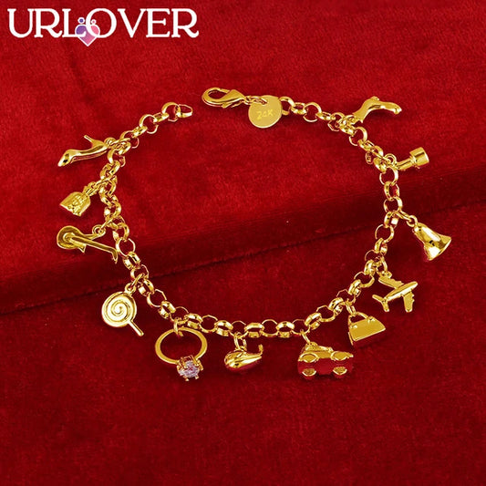 URLOVER 24K Gold Bracelet for Women – Charm Pendants: Aircraft, Cars, Bells, Lollipops, Guitars