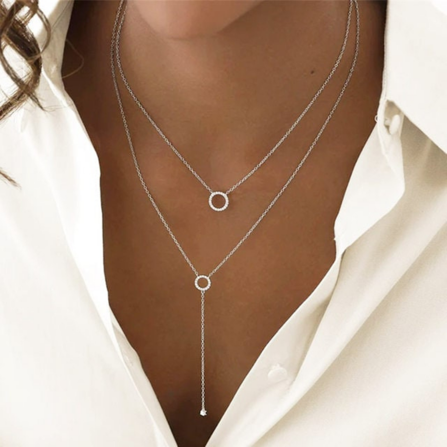 Sterling Silver Double Circle Zircon Pendant Necklace – Long O-Chain Choker